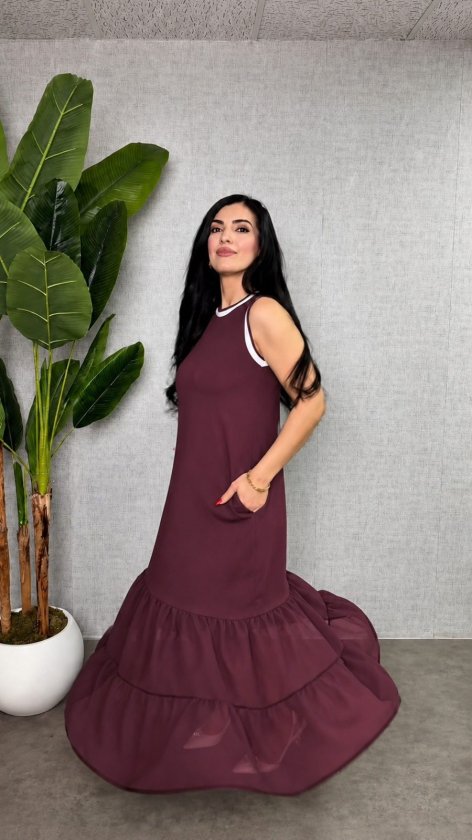 Women's Strappy Round Neck Chiffon Hem Detail Long Viscose Double Thread Dress