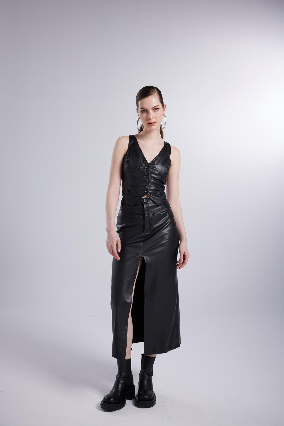 Vegan Deri Uzun Hera Deri Etek Siyah L