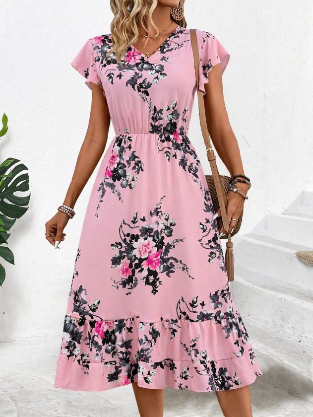 Women's Short Sleeve V-Neck Patterned Midi Supreme Dress