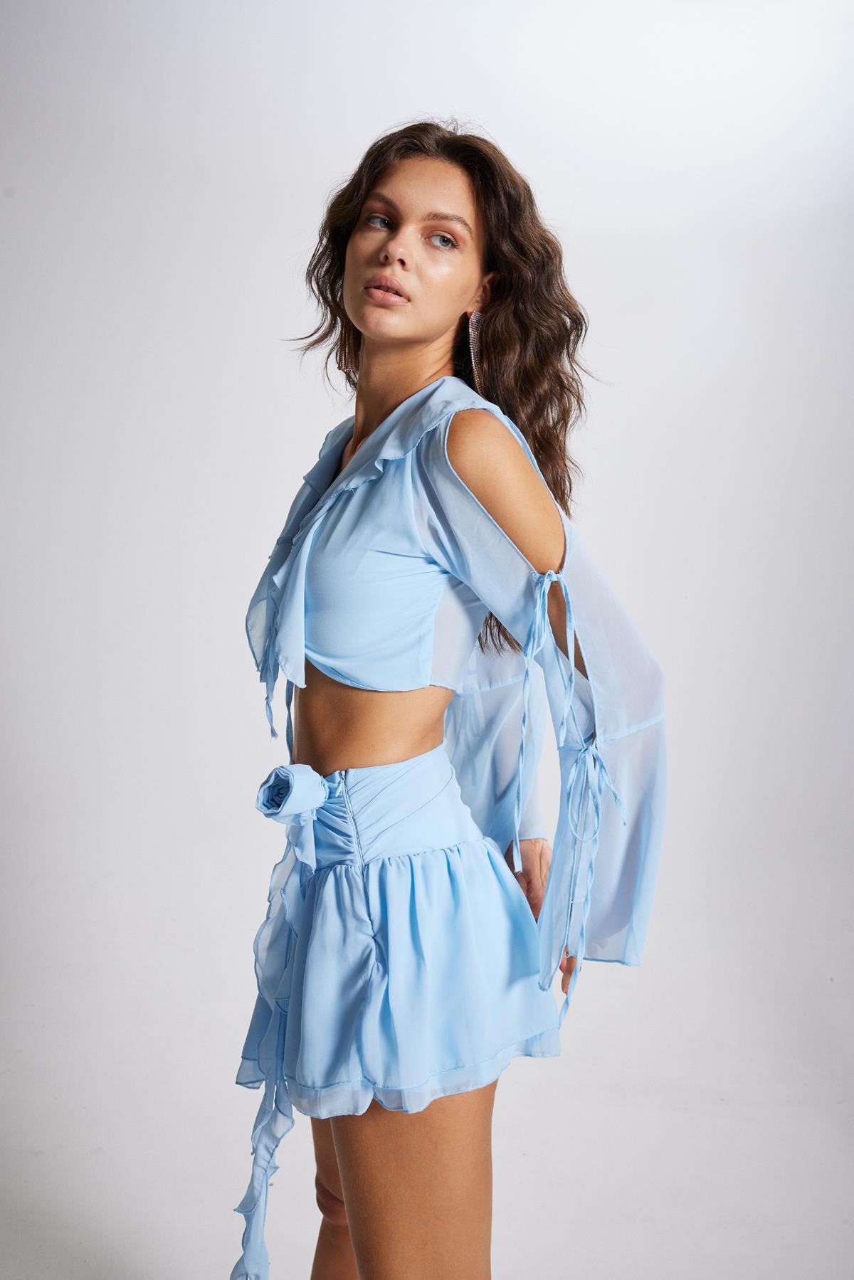 Fırfırlı Şifon Carmen Bluz Mavi