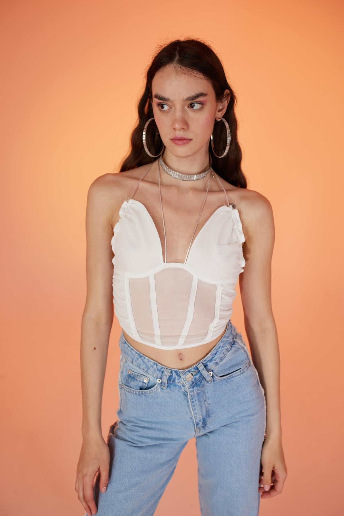 İp Bağlamalı Tül Sasha Bluz Beyaz