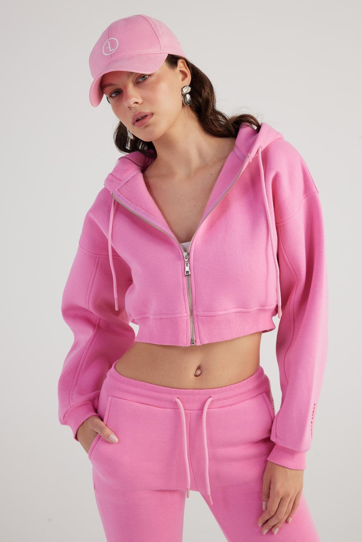 Kadın Pembe Kapüşonlu Uzun Kol Fermuarlı Crop Mixed Sweat Pembe L