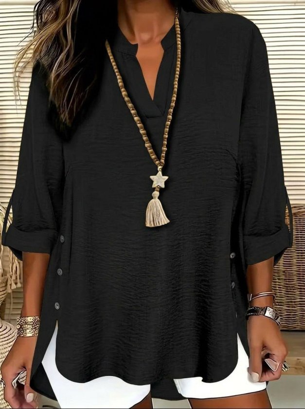 Women's Three-Quarter Sleeve Mandarin Collar Side Button Detailed Aerobin Blouse