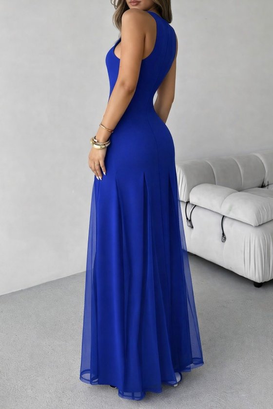 Women's Strappy Crew Neck Hem Tulle Detailed Asymmetric Flared Long Imported Crepe Dress