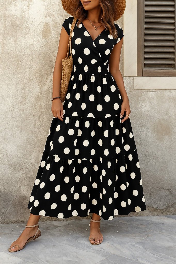 Women's Short Sleeve Wrap Neck Elastic Waist Supreme Maxi Dress