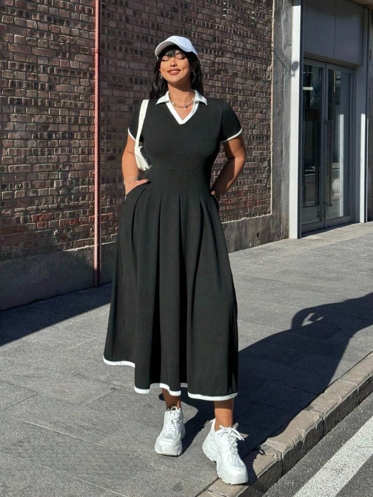 Women's Short Sleeve V Neck Pleated Long Ruffled Crepe Dress