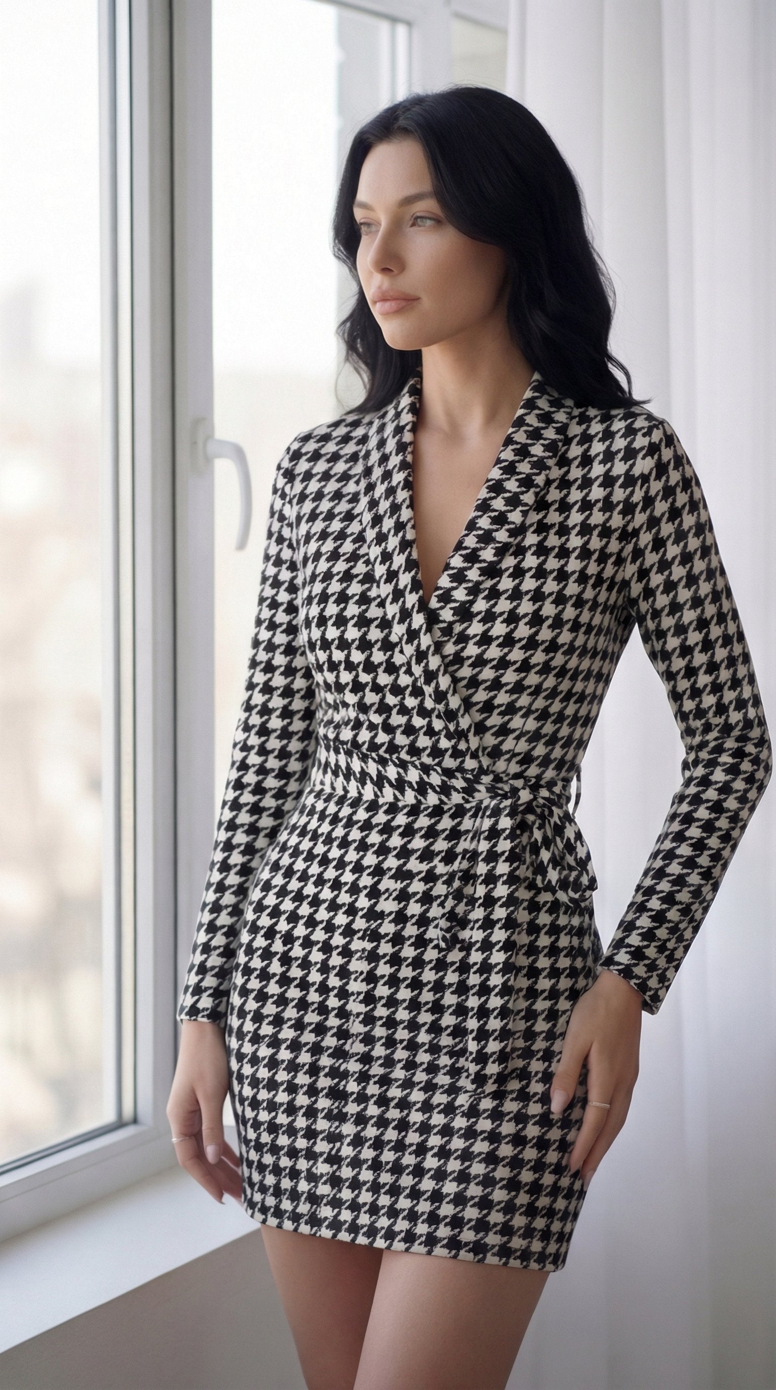 Women’s Long Sleeve Wrap Neck Tie Belt Neoprene Mini Dress