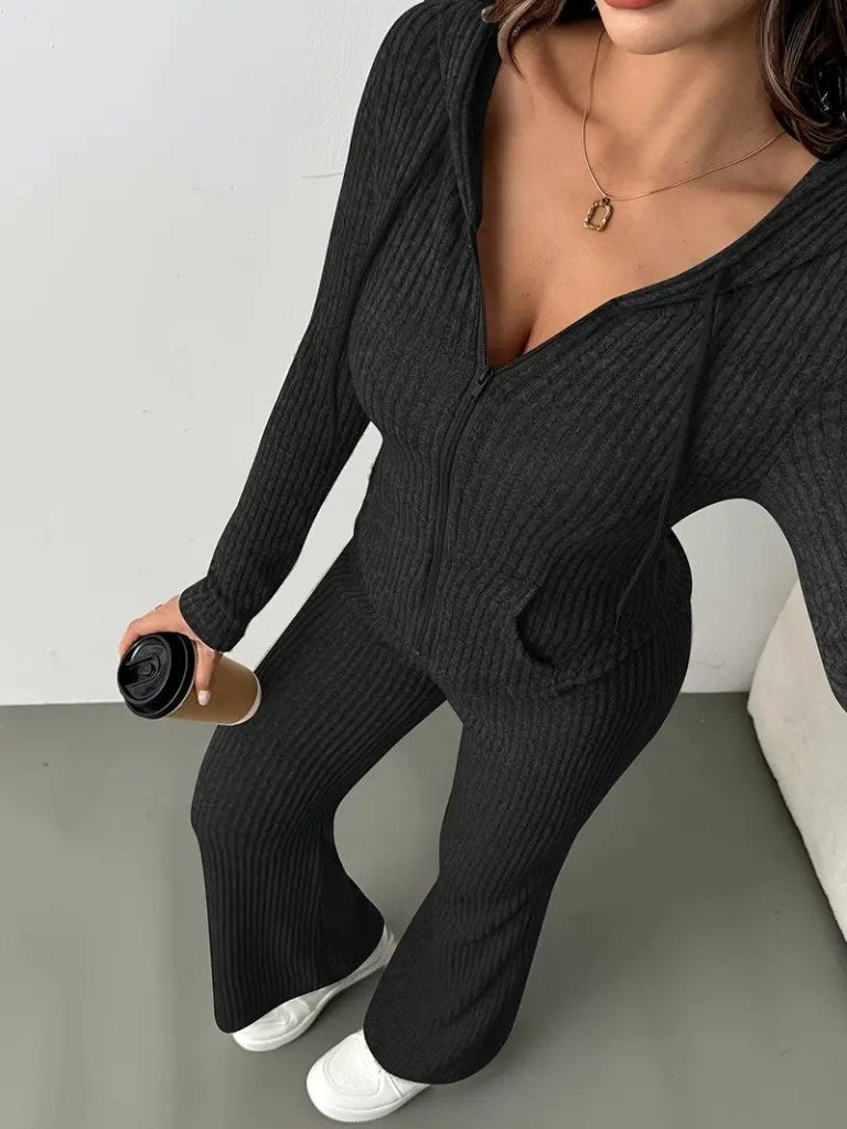 Women's Long Sleeve Hooded Front Zipper Ribbed Blouse and Pants Two-Piece Set