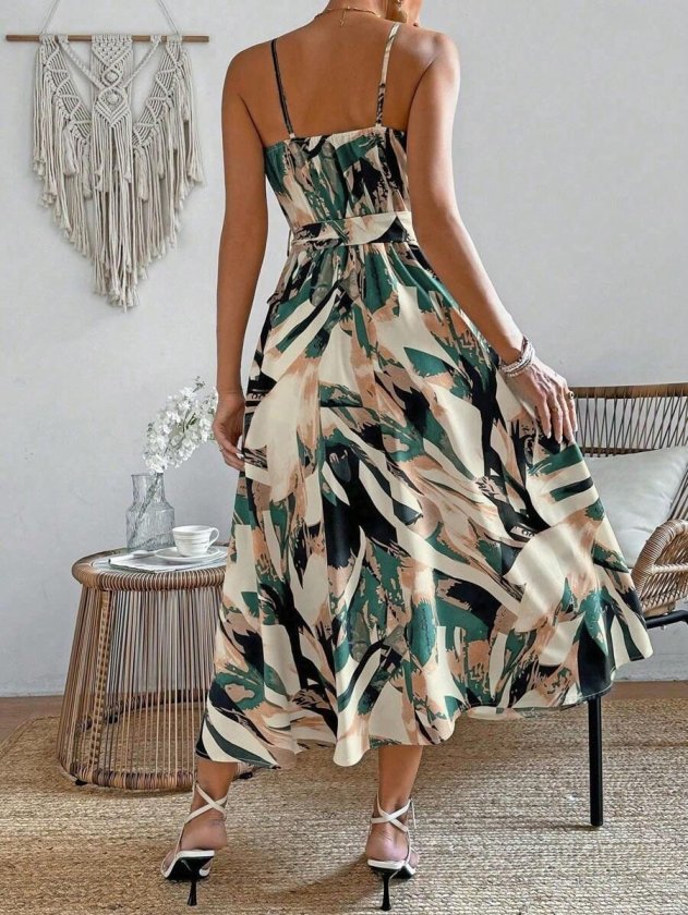 Women's Spaghetti Strap V-Neck Waist Belted Long Patterned Supreme Dress