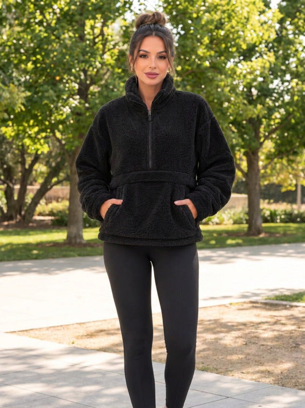 Kadın Yarım Fermuarlı Kanguru Cepli Peluş Wellsoft Sweatshirt