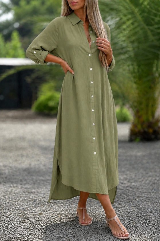 Women's Long Sleeve Collared Front Button Wide Cut Detailed Long Dress