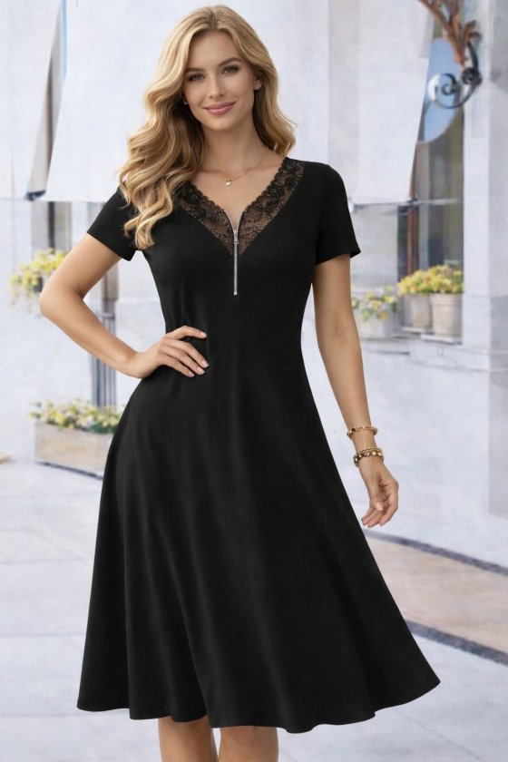 Women's Short Sleeve Lace V-Zip Neck Long Viscose Dress