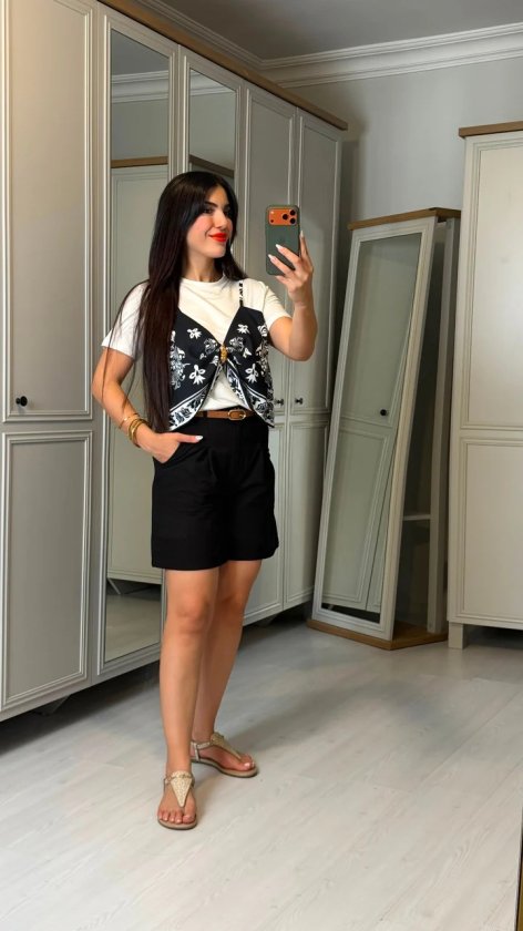 Kadın şal Desen Detay Bluz Ve Keten şort Ikili Takım