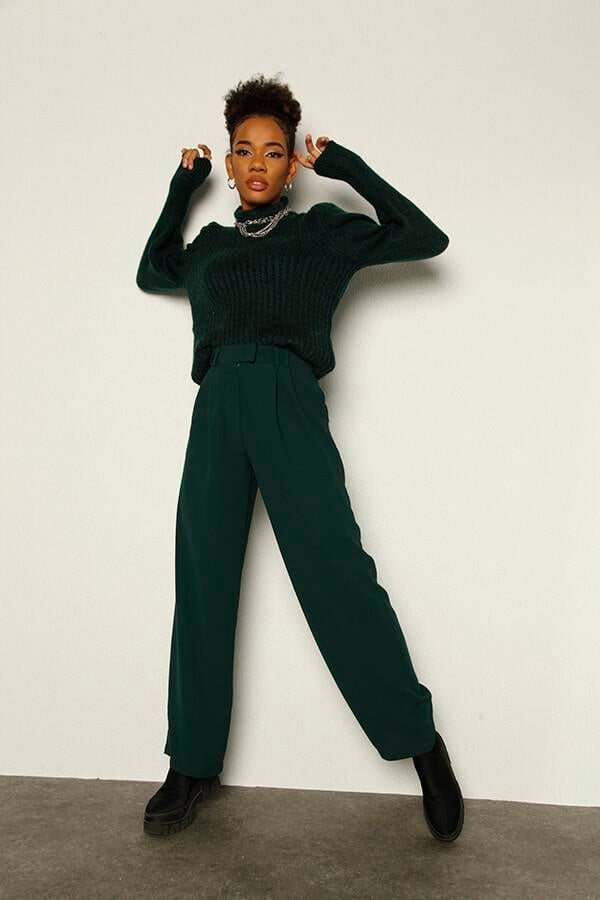 Palazzo Kesim Yüksek Bel Palasia Pantolon Yeşil