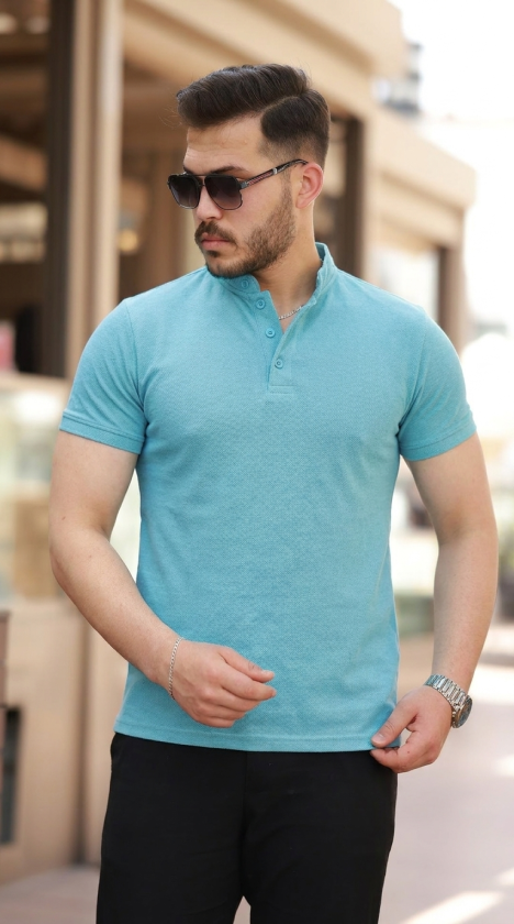 Men's Mandarin Collar Woven Cotton Fabric Short Sleeve T-Shirt
