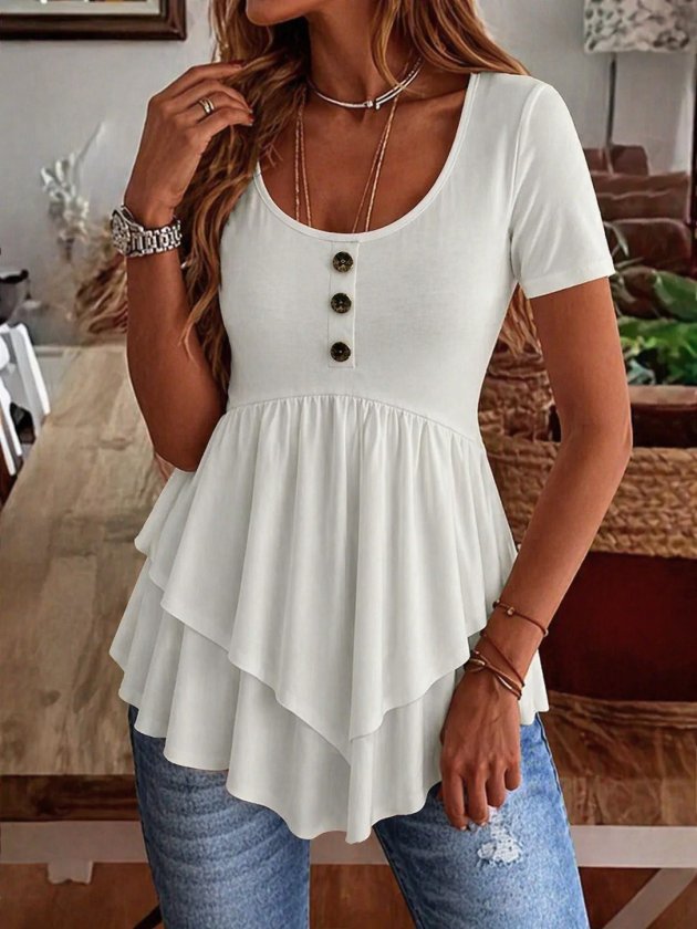 Women's Short Sleeve Round Neck Buttoned Front Asymmetric Cut Detailed Viscose Blouse