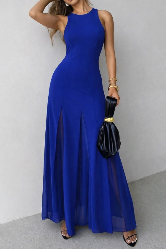 Women's Strappy Crew Neck Hem Tulle Detailed Asymmetric Flared Long Imported Crepe Dress