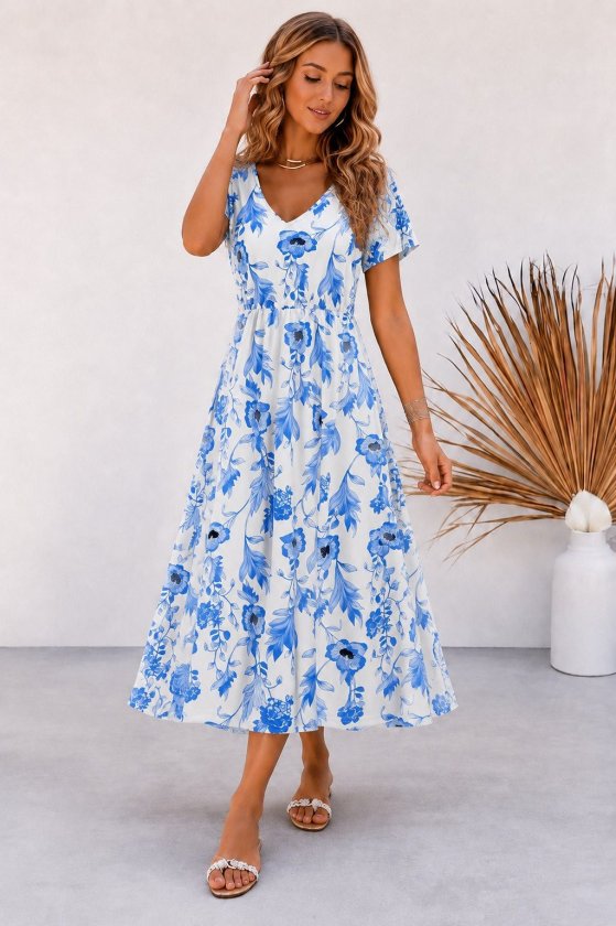 Women's Short Sleeve V-Neck Patterned Long Supreme Dress