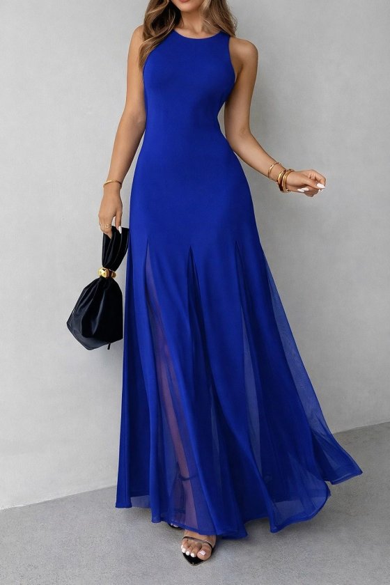 Women's Strappy Crew Neck Hem Tulle Detailed Asymmetric Flared Long Imported Crepe Dress