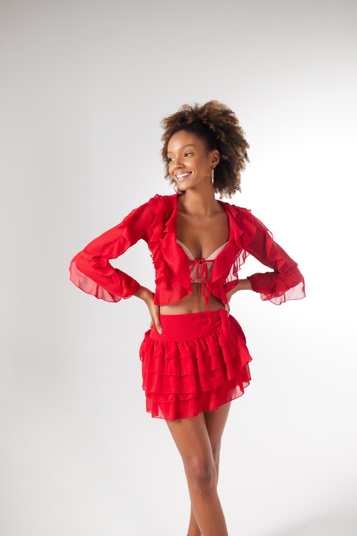 Crop Model Bağlamalı Kol Detaylı Elsa Bluz Kırmızı