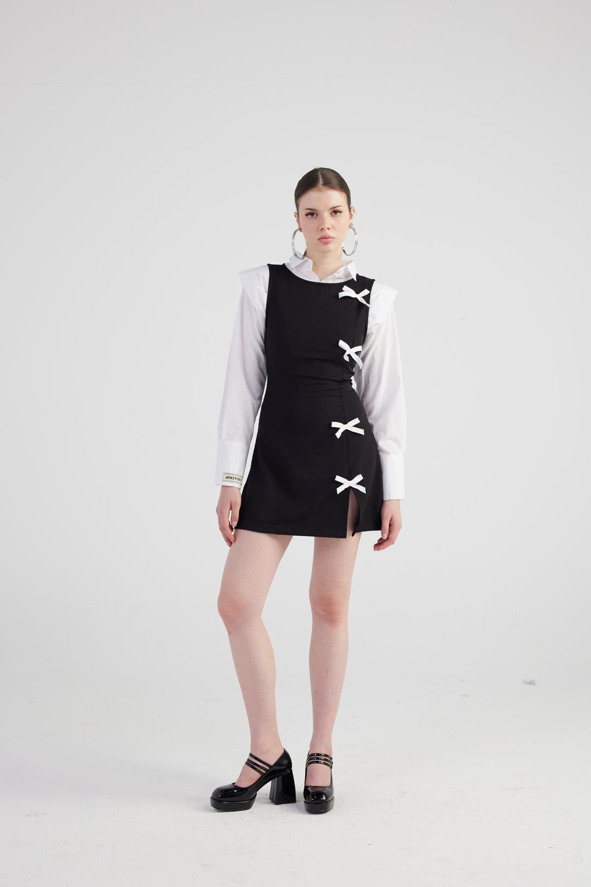 Kurdela Detaylı Yırtmaçlı Mini Nicola Elbise Siyah Siyah L