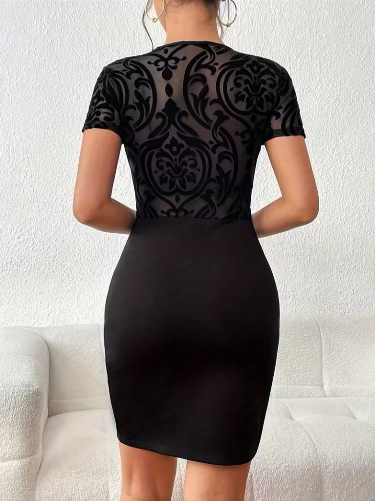 Women's Short Sleeve Crew Neck Transparent Tulle Detailed Short Imported Crepe Dress