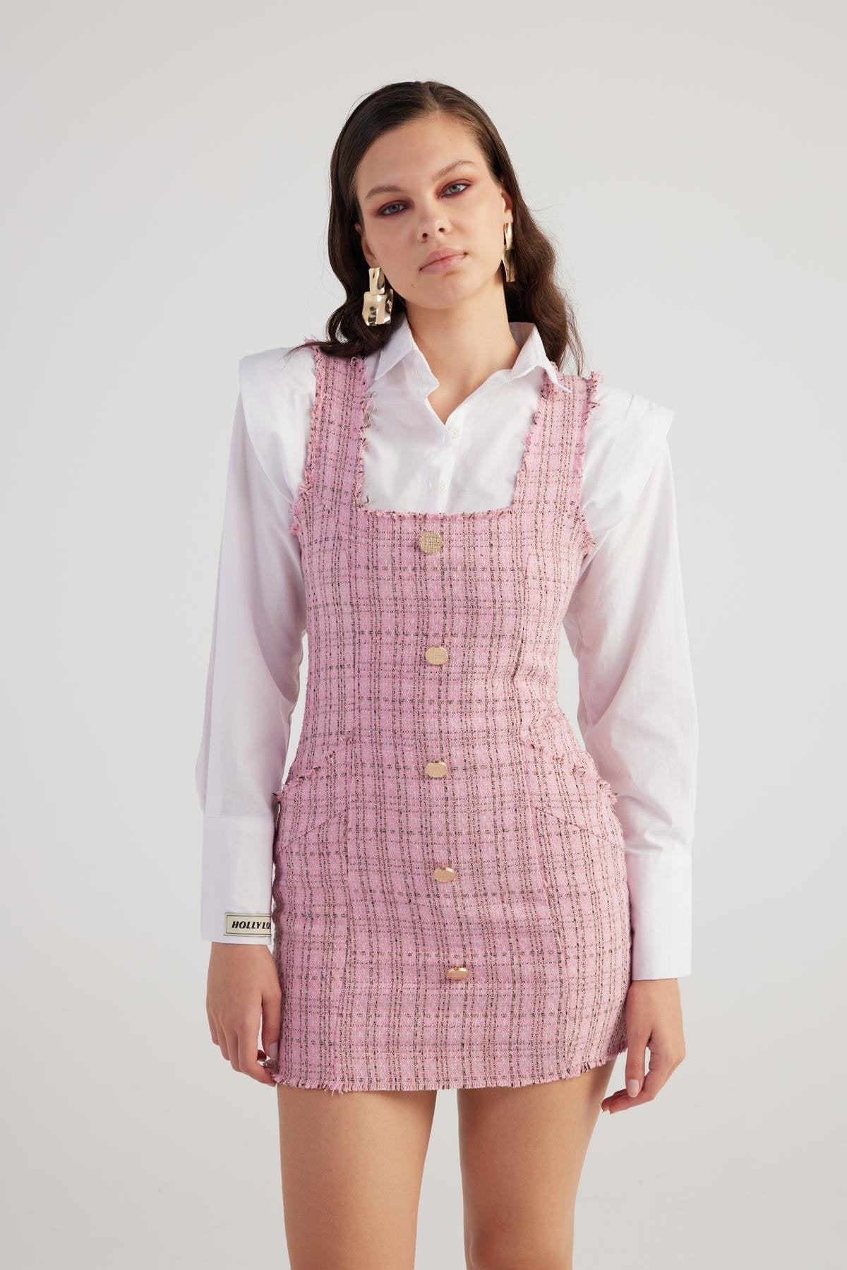 Metal Düğme Detaylı Mini Tüvit Tweed Elbise Pembe