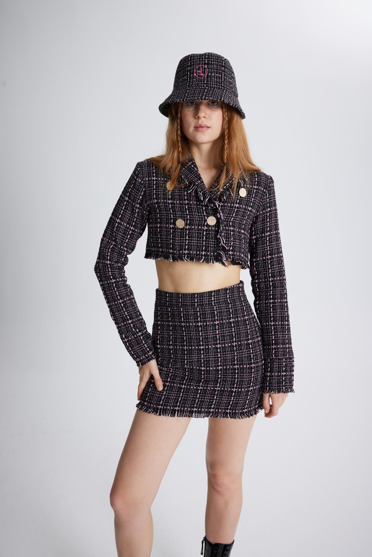 Tüvit Kumaş Mini Tweed Etek Siyah