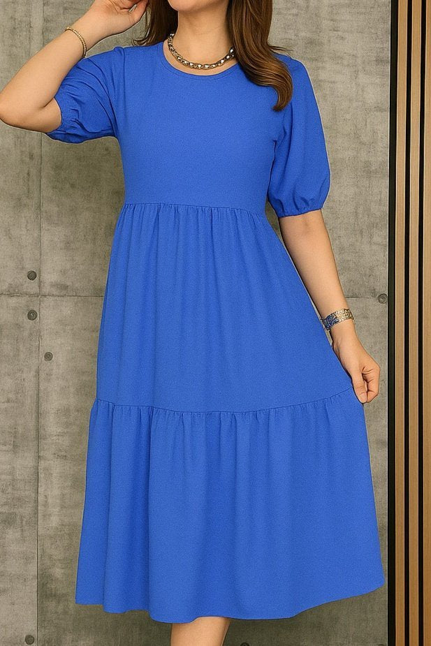 Women's Short Sleeve Open Collar Layered Crinkled Balloon Dress