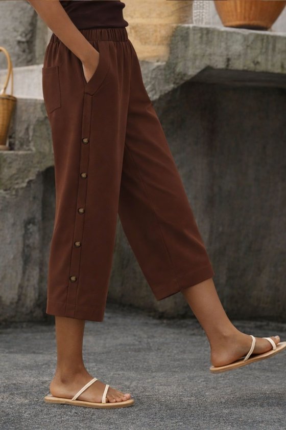 Women's High Waist Elastic Side Button Detail Midi Pants