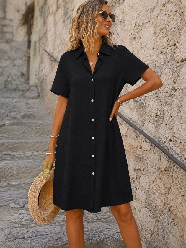 Women's Short Sleeve Collared Front Buttoned Short Aerobin Dress