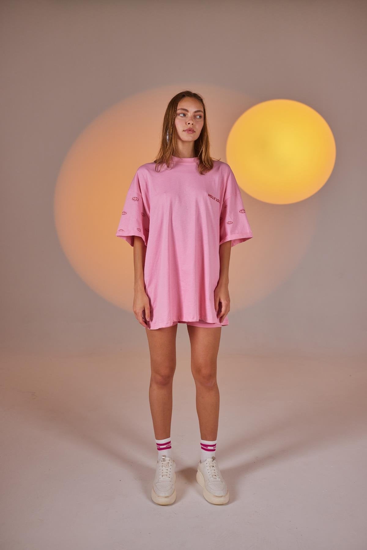 Göz Baskılı Oversize Eye Tshirt Bike Tayt Takım Pembe