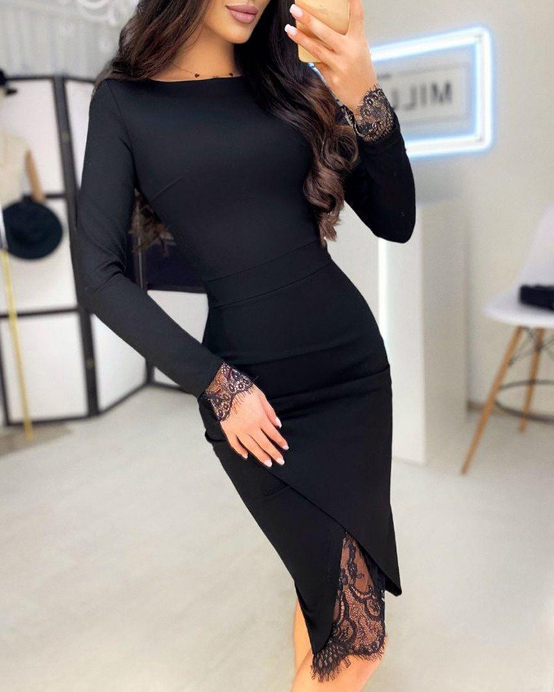 Women's Long Sleeve Crew Neck Front Lace and Slit Detailed Scuba Dress