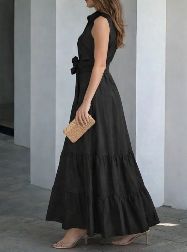 Women's Sleeveless Collar Front Button Waist Belt Long Tricot Dress