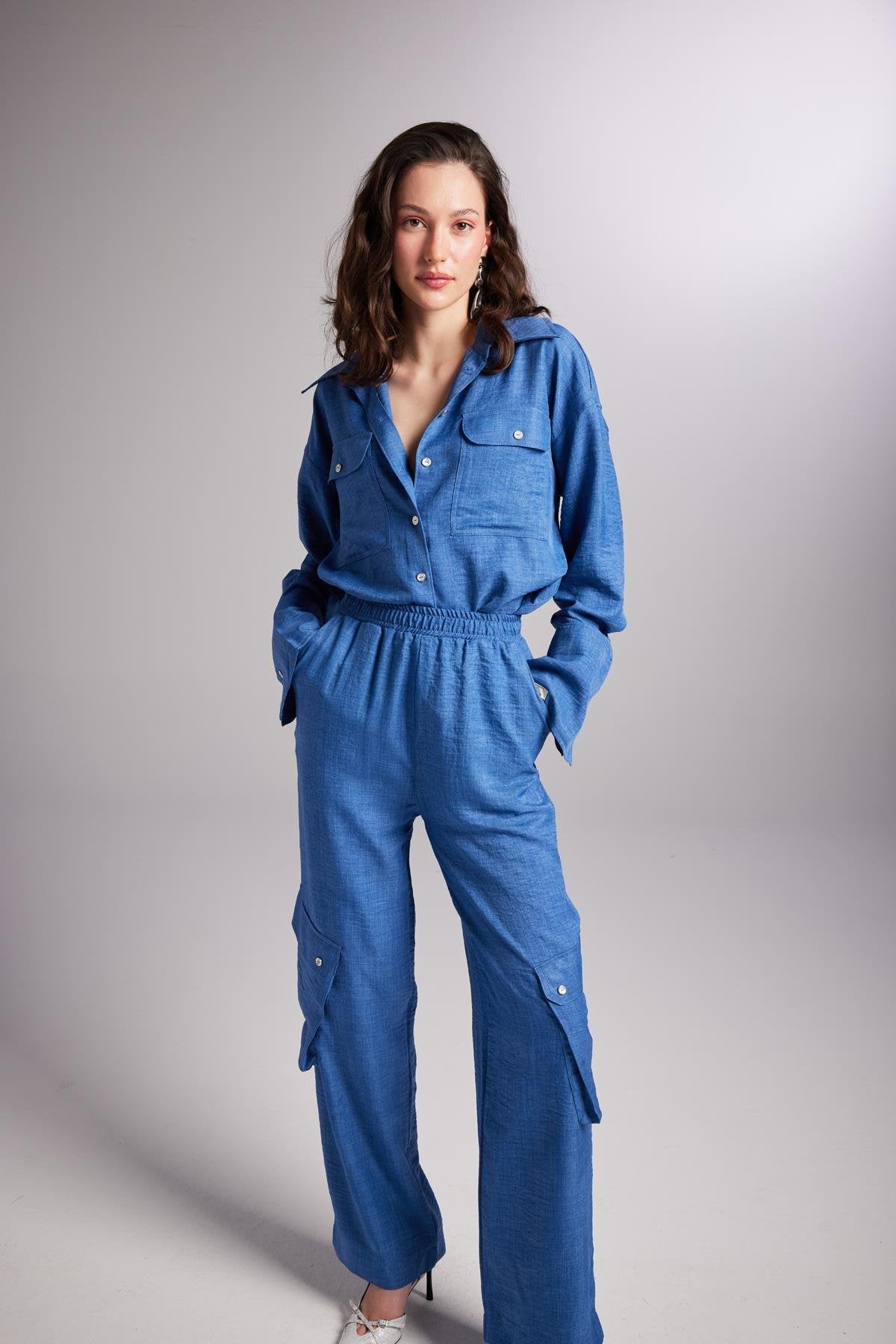 Kargo Cepli Beli Lastikli Julia Pantolon Mavi