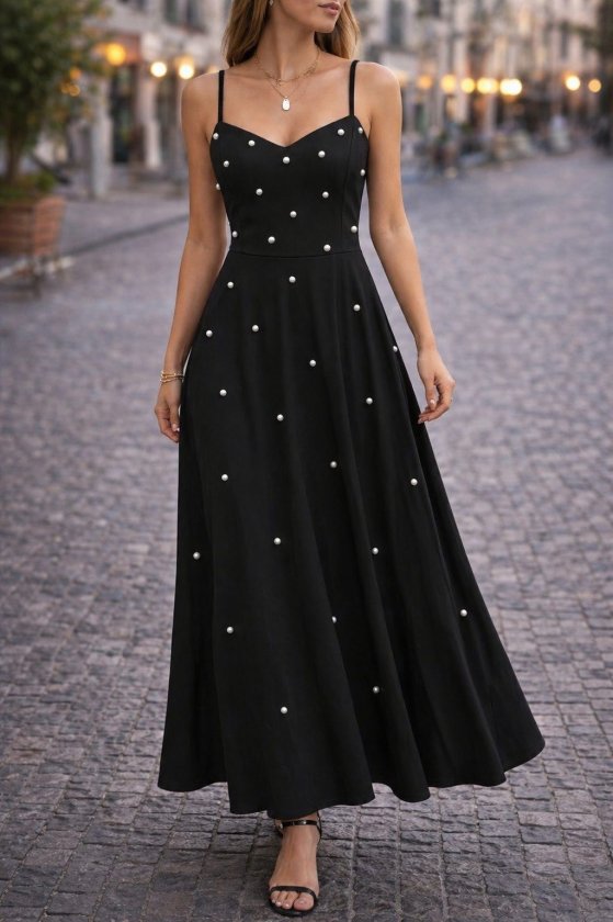 Women's Spaghetti Strap V-Neck Pearl Detailed Long Ruffled Crepe Dress