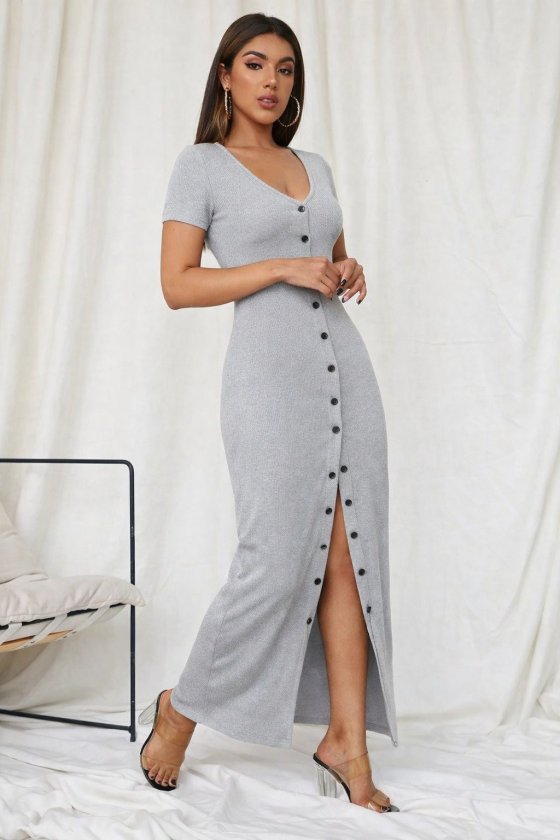 Women's Short Sleeve V Neck Front Button Detail Long Ribbed Dress