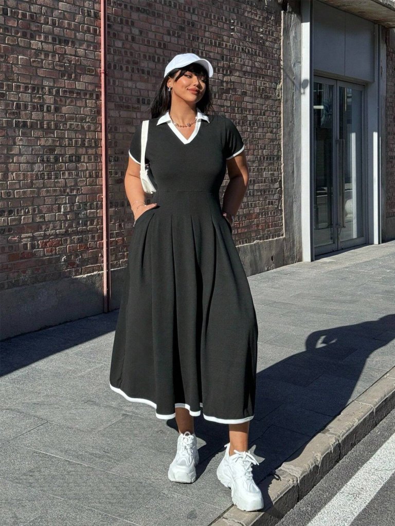 Women's Short Sleeve V Neck Pleated Long Ruffled Crepe Dress