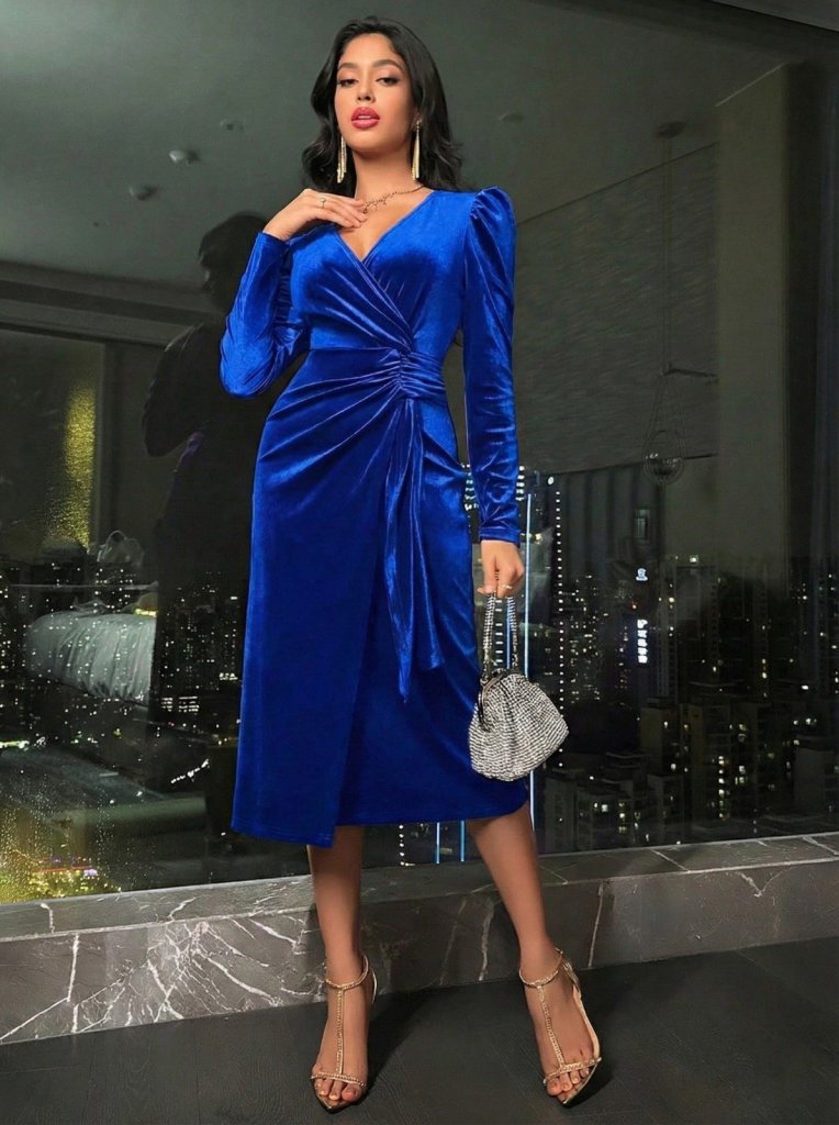 Women's Long Sleeve Wrap Collar Side Ruched Midi Velvet Dress