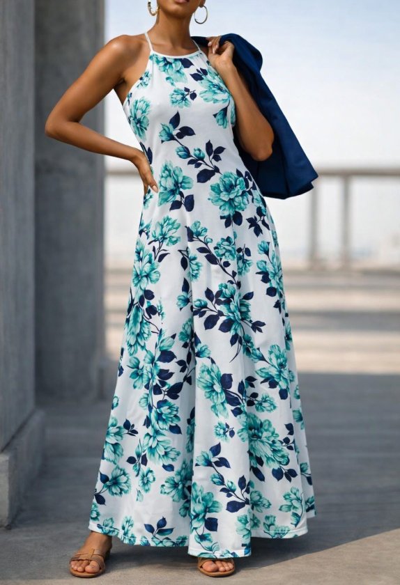 Women's Off-Shoulder Strap Patterned Long Supreme Dress