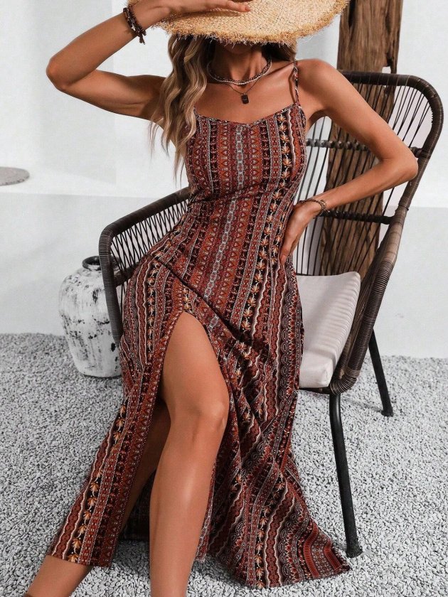 Women's Spaghetti Strap Wide V Neck Patterned Slit Supreme Midi Dress
