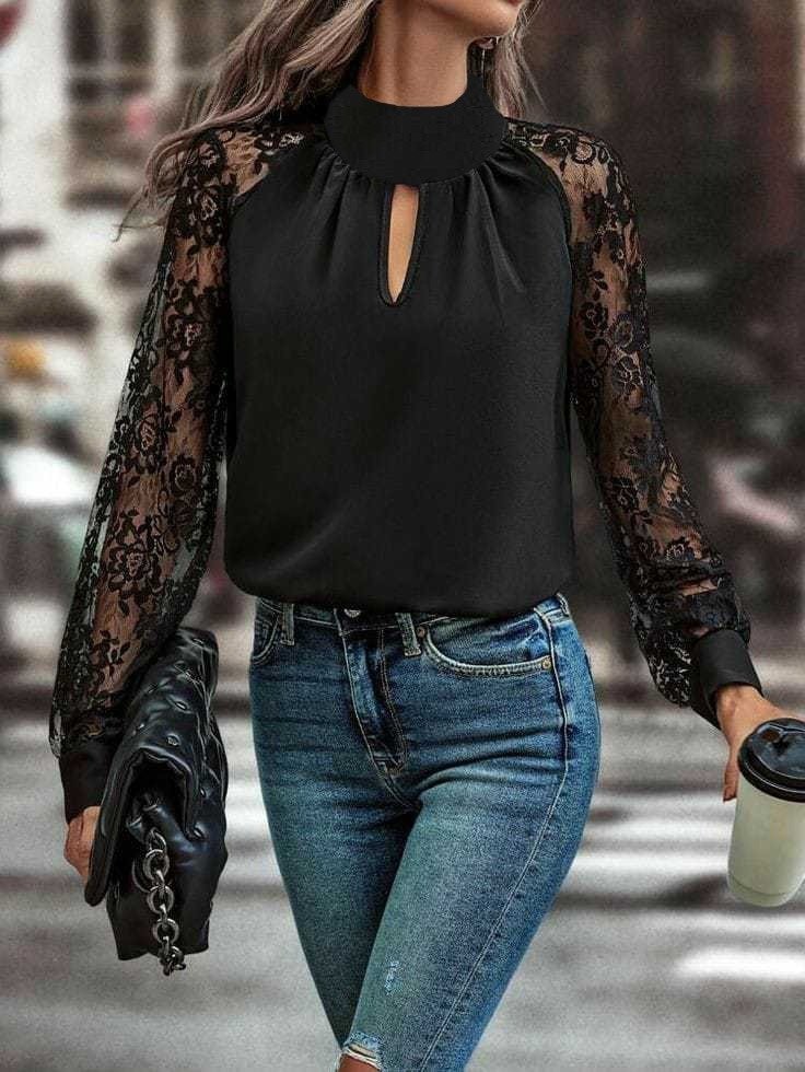 Women's Long Sleeve Chest Window Detail Turtleneck with Tulle Sleeves Sandy Blouse