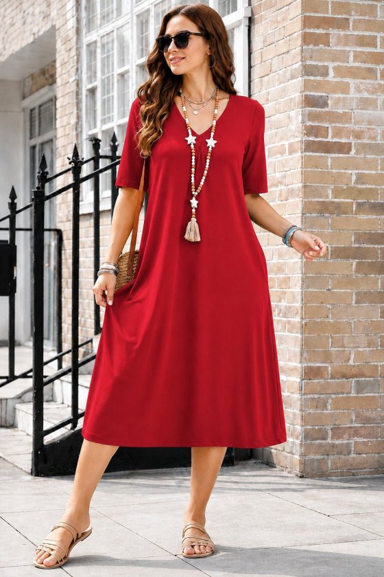 Women's Short Sleeve V-Neck Pocket Detail Midi Viscose Dress