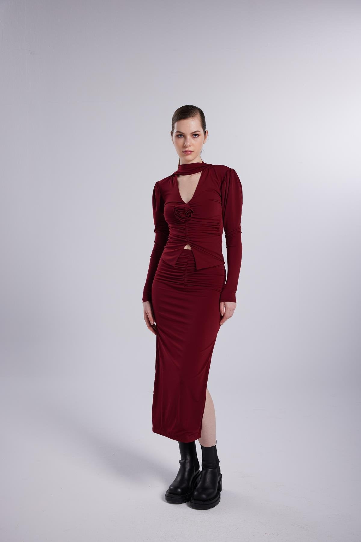 Çift Yırtmaçlı Maxi Serre Etek Bordo Bordo L