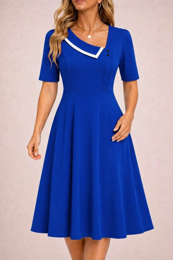 Women's Short Sleeve Asymmetric Collar Detailed Midi Ruffle Crepe Dress