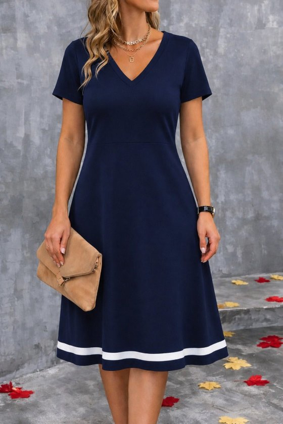 Women's Short Sleeve V-Neck Hem Striped Midi Ruffled Crepe Dress