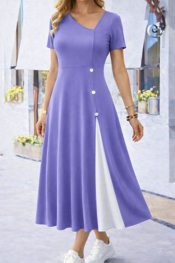 Women's Short Sleeve Asymmetric Collar Button Detail Midi Viscose Dress