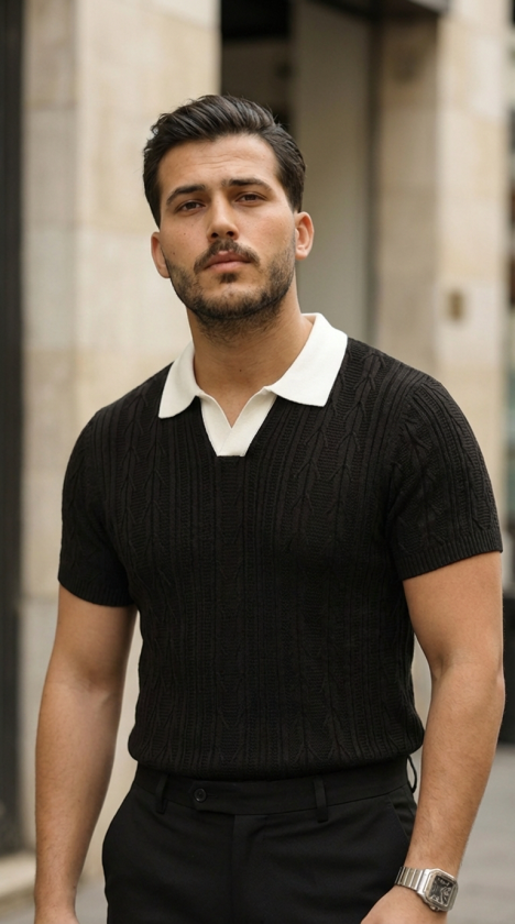 Men's Patterned Short Sleeve Knit T-Shirt - 100% Cotton Acrylic