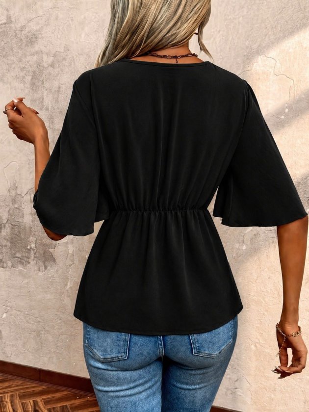 Women's Short Sleeve Wrap Neck Waist Drawstring Aerobin Blouse