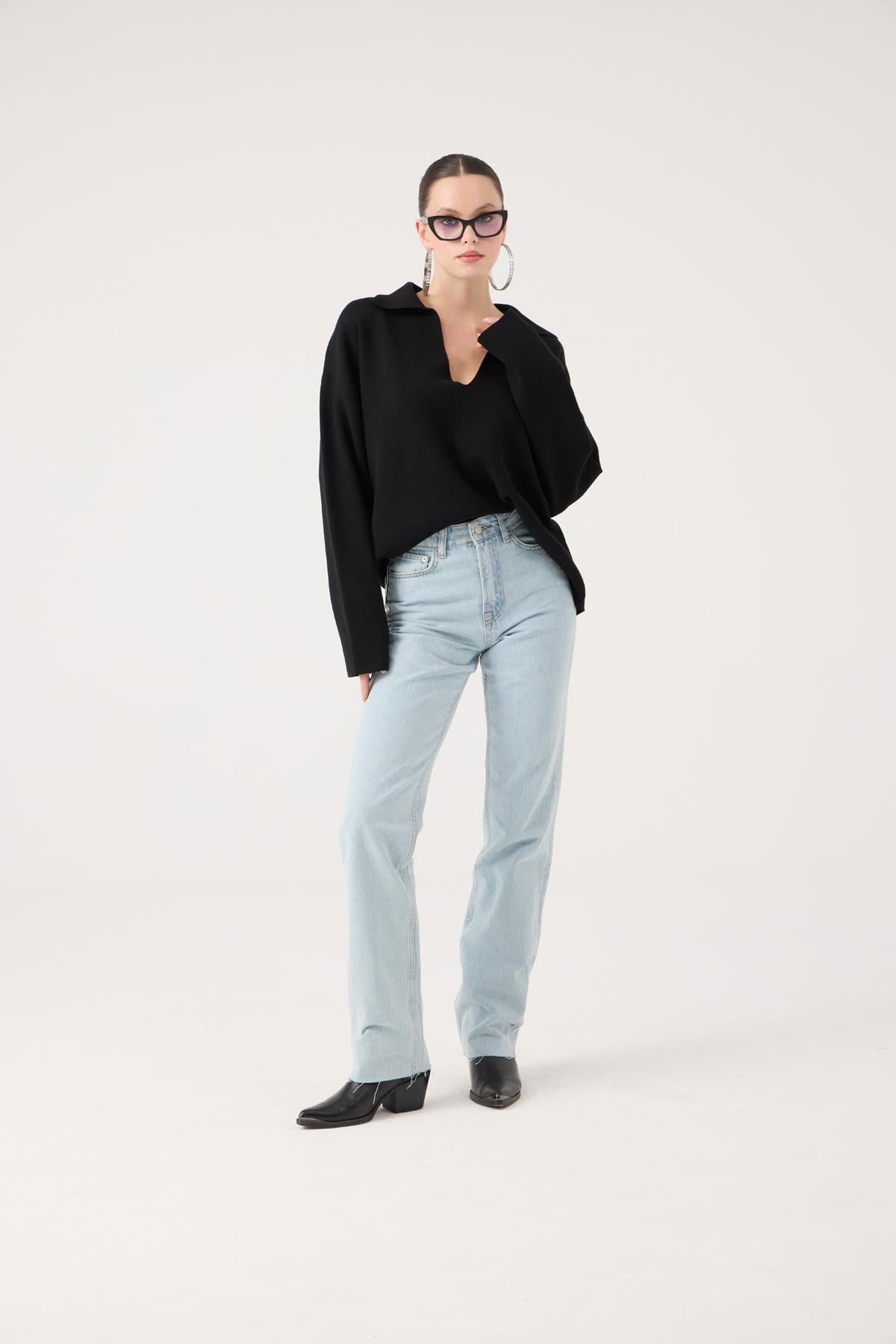Yüksek Bel Straight Kesim Sagrado Jean Pantolon Mavi (Buz)